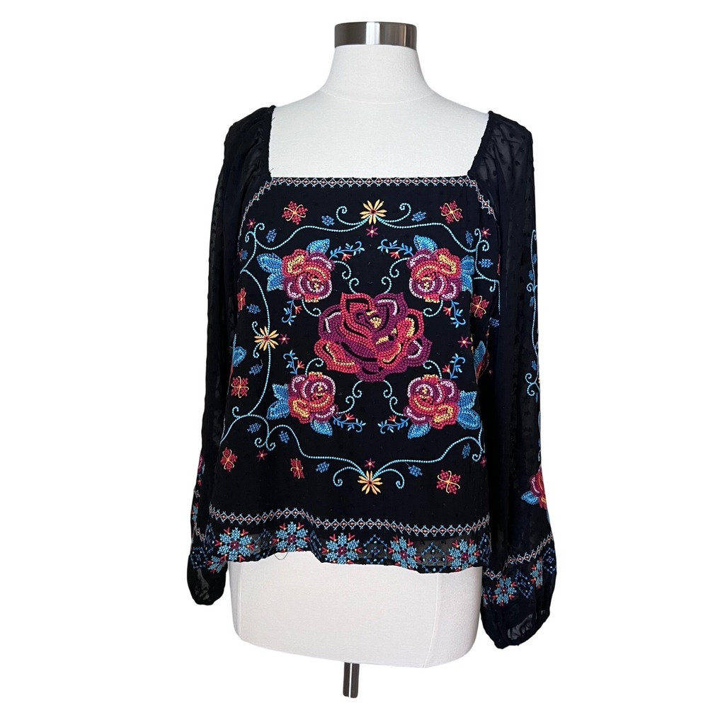 Savanna Jane Embroidered Rose Square‎ Neck Long Sleeve Boho Blouse Top Large